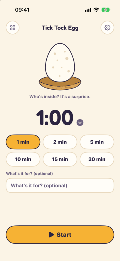 The set screen: an egg in its nest, a 1 minute timer and the Start button